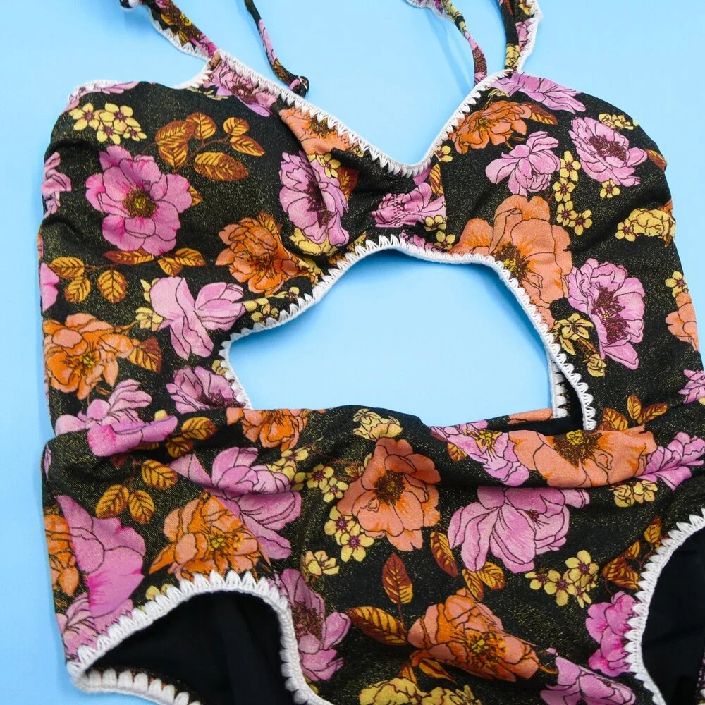 Victorias Secret Medium Black Shimmer Floral Cutout‎ Lace One Piece Swimsuit New